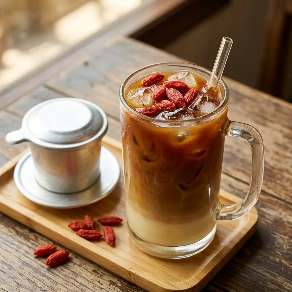 Cà phê đá topping kỷ tử